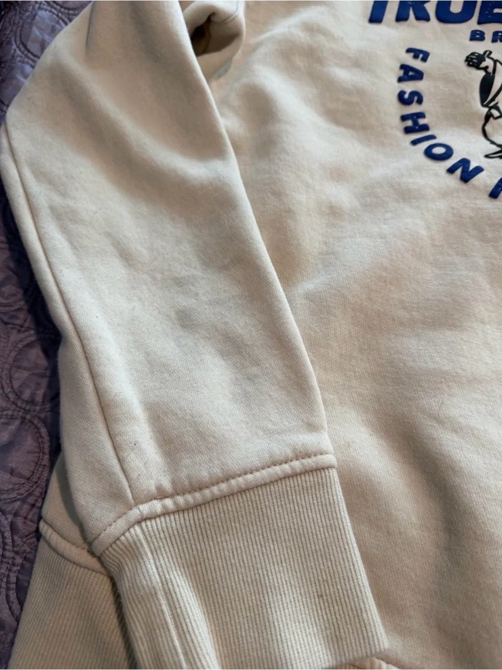 True Religion Men's Cream Hoodie with Navy Logo